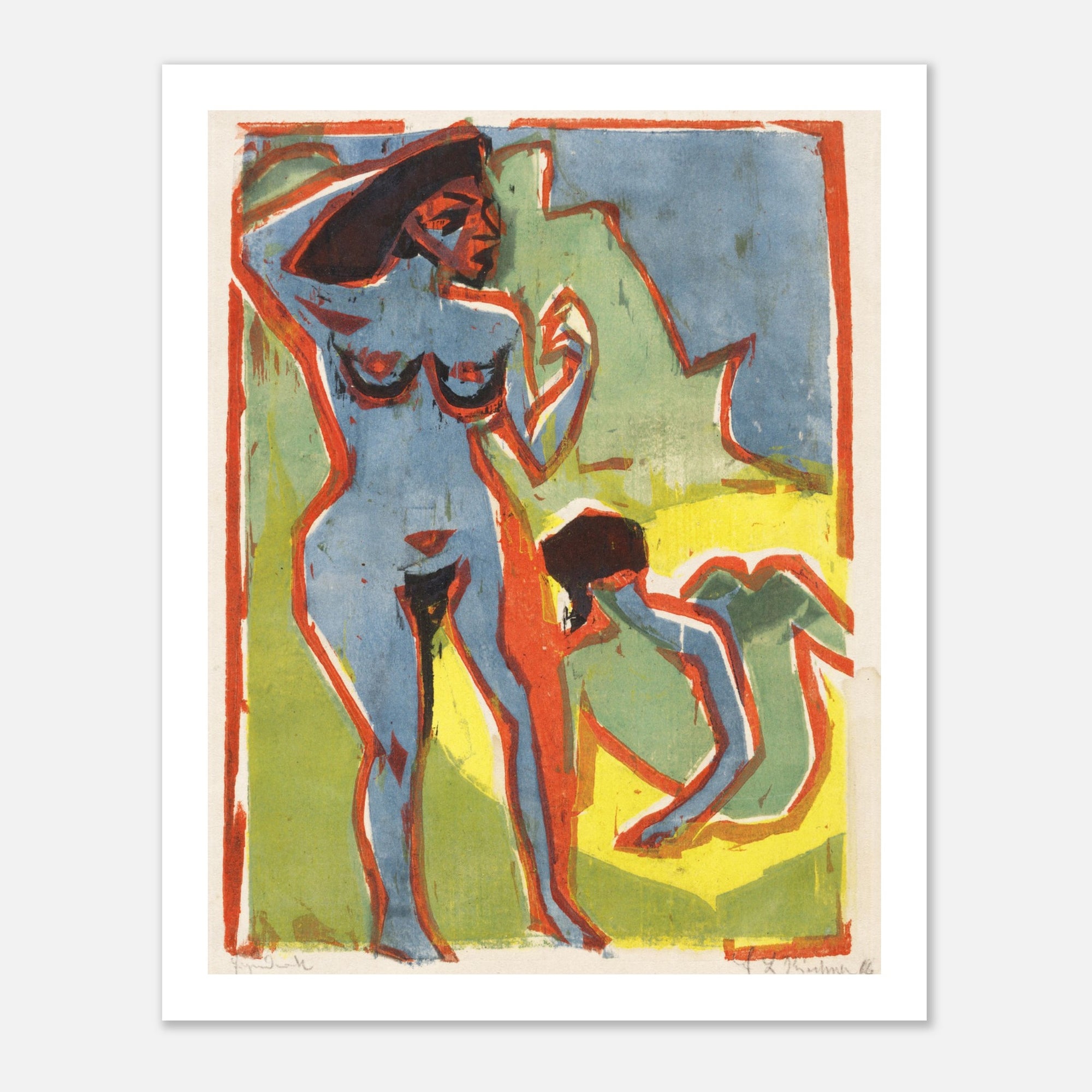 vintage art poster of bathing women in bright colors
