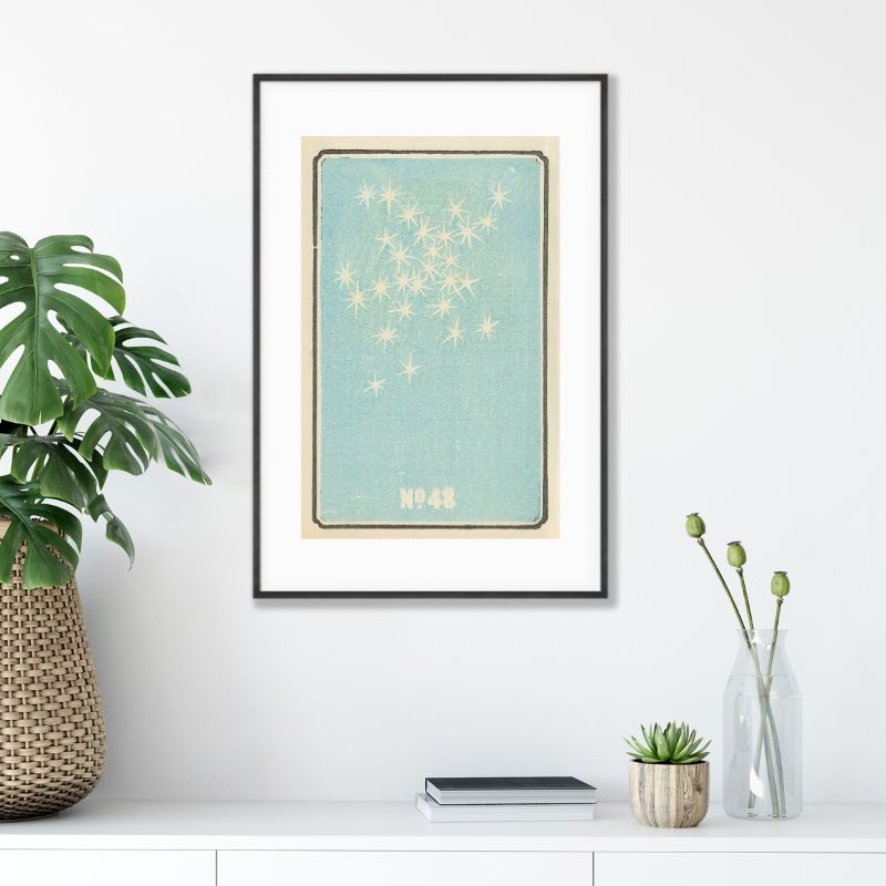 pale blue and white art poster of fireworks