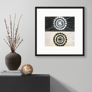 black and white art print by hilma af klint hanging on wall 