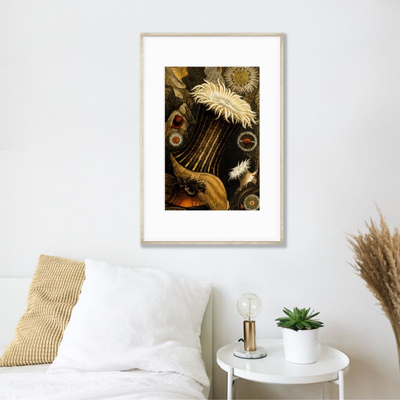 dark colors mushrooms vintage art poster hanging in bedroom above bed and night table
