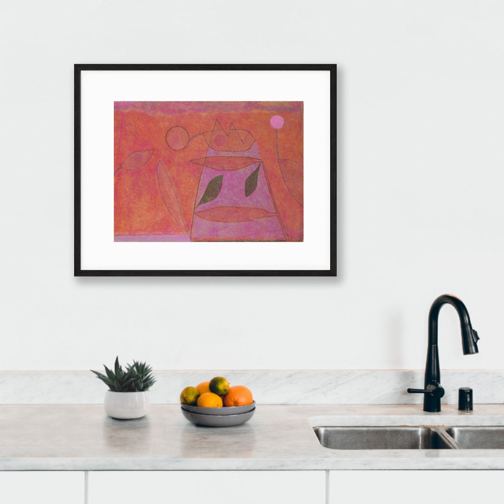 framed pink abstract wall art by paul klee hanging above sink