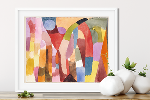 bright and colorful abstract shapes painted on paper - in white frame and leaning on shelf