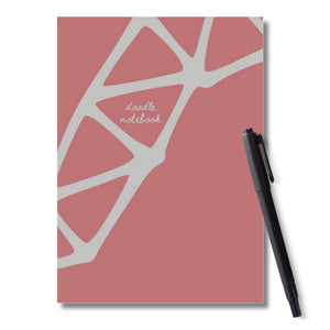 cover of notebook with deep rose background and enlarged light gray doodle design with title that reads: doodle notebook