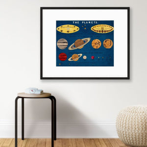 vintage astrology art poster of planets on deep blue background hanging on wall above stool