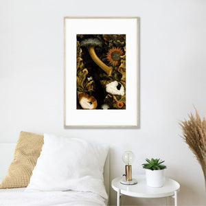 dark colors mushrooms vintage art poster in frame hanging above bed