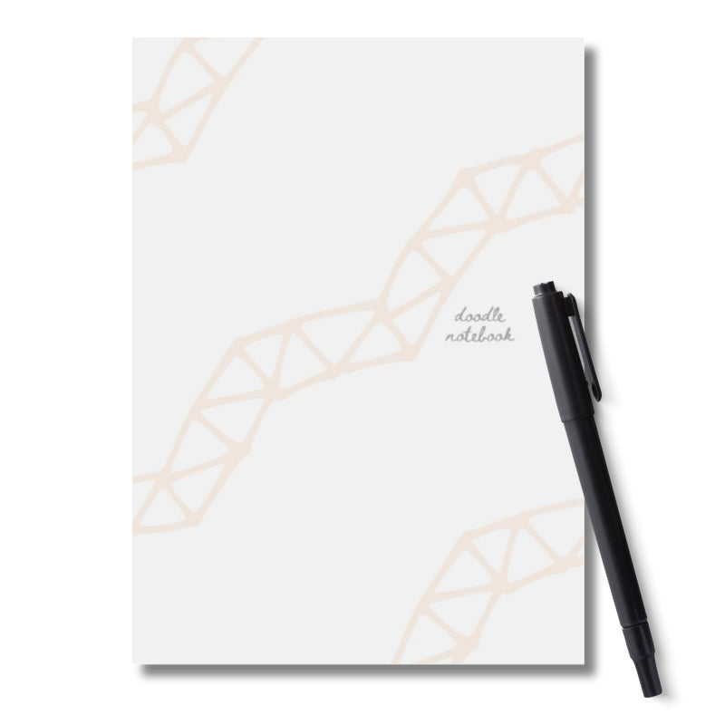 cover of notebook with off white background and enlarged beige doodle design with title that reads: doodle notebook