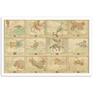 12 star charts of the signs of the ZodiacPrint Material
