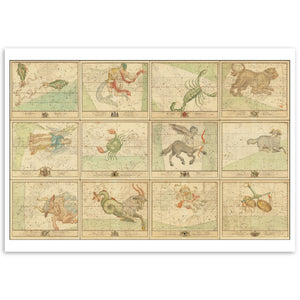 12 star charts of the signs of the ZodiacPrint Material