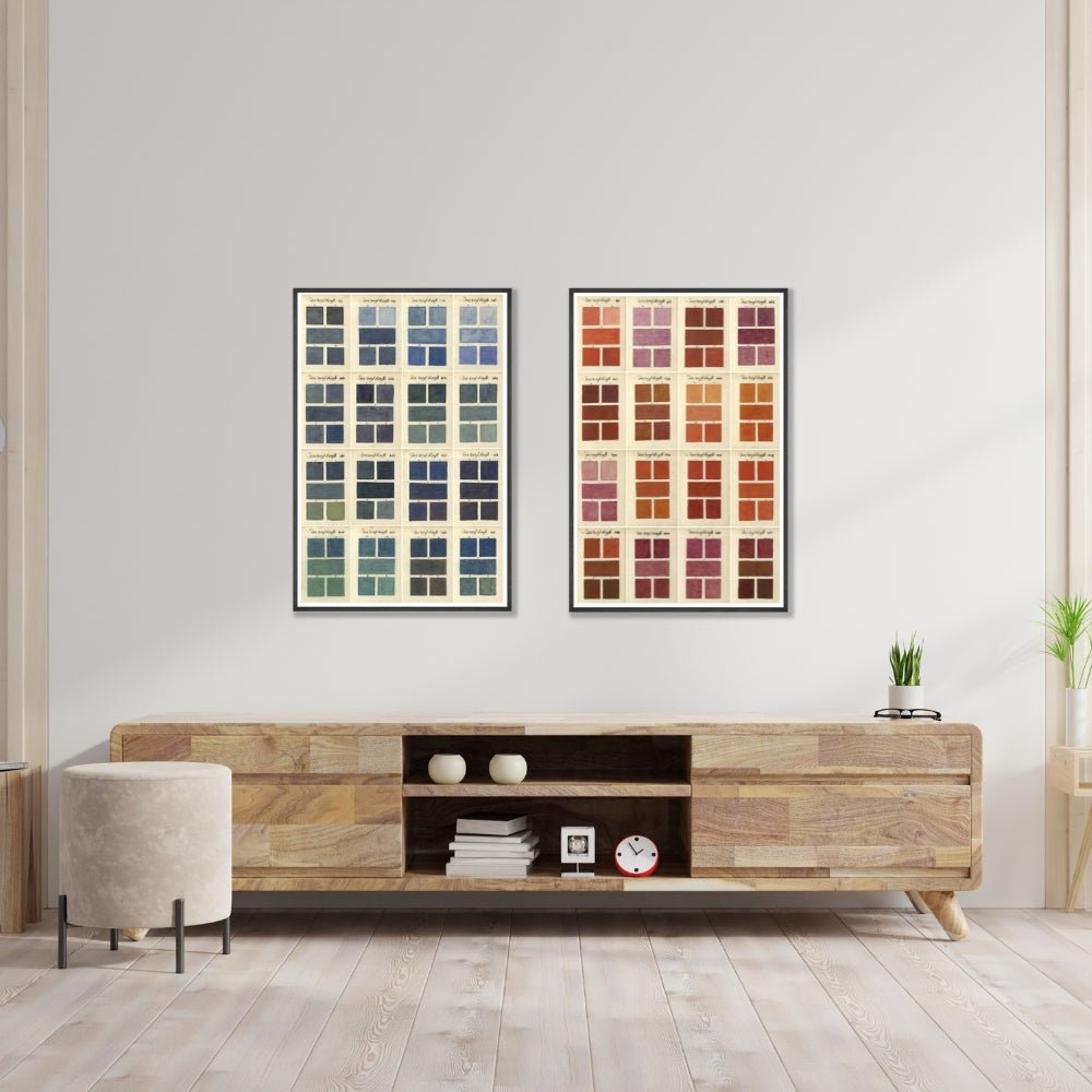 2 framed A. Boogert color swatch art prints - one is oranges, pinks, and reds, one is blues and greens - framed next to each other on wall above sideboard