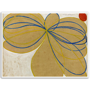 Hilma af Klint posters: The Seven Pointed Star no. 1, abstract tan loopy shapes with blue and yellow lines over it and white background